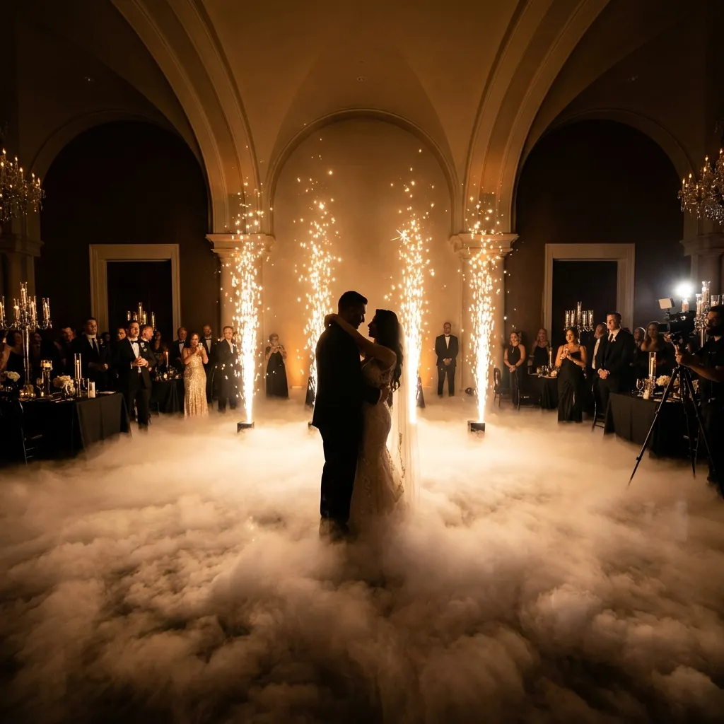 Casal a dançar rodeado de sparkulars e fumo baixo - CHART Productions